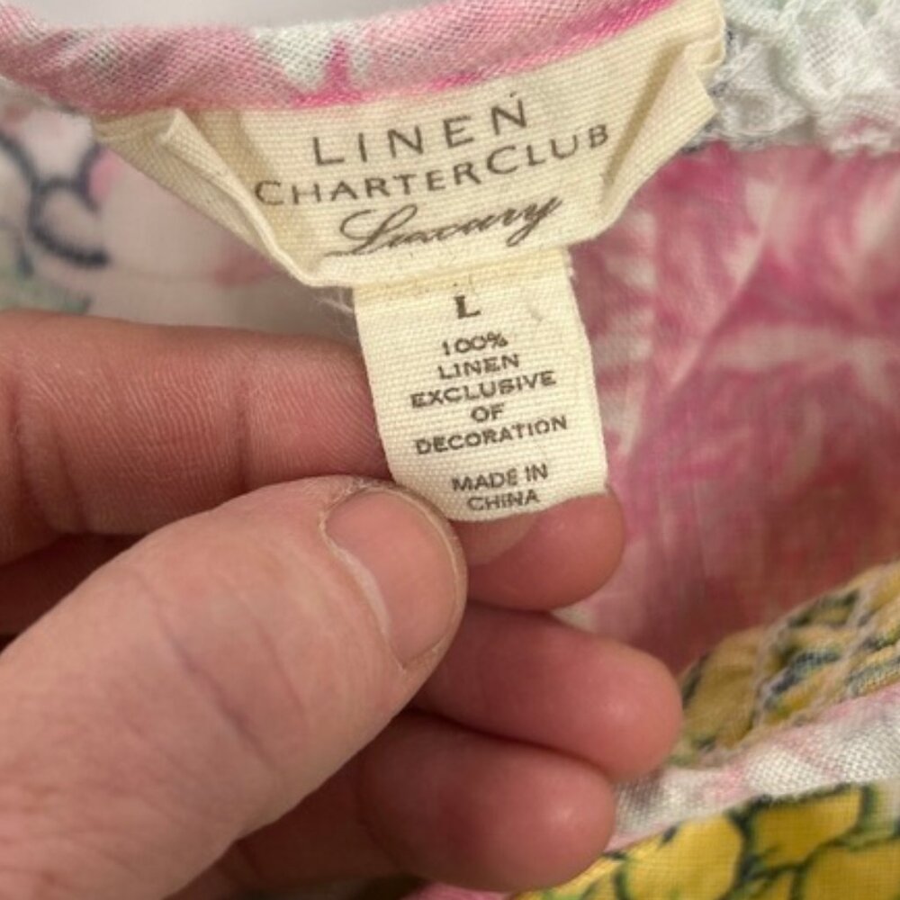 Charter Club 100% Linen Floral Peasant Top Cottagecore Boho Blouse Pastel size L - Picture 11 of 12